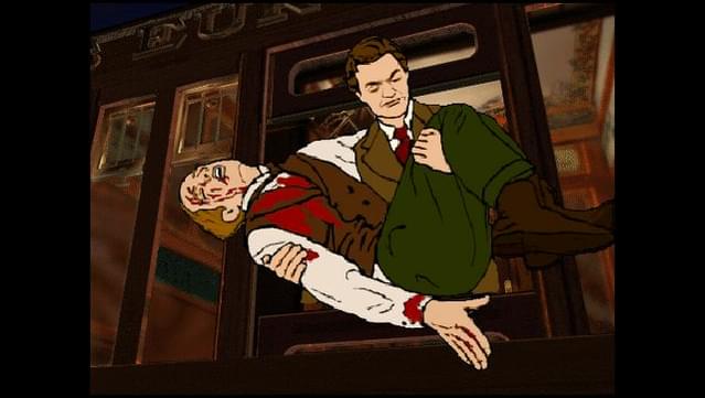 Robert Cath with Tyler Whitney's body on the Orient Express in The Last Express adventure game screenshot | Inky Squiggles