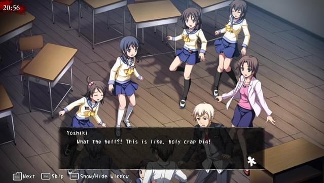image from corpse party game with 8 school children in a classroom. character yoshiki is saying "what the hell?! this is like, holy crap big!"